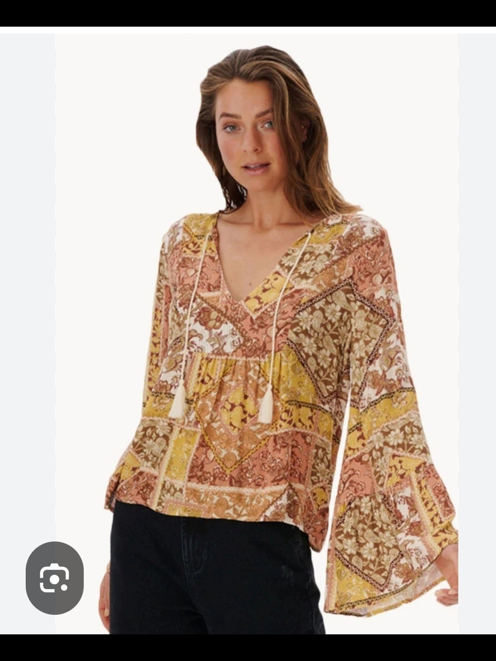 O Ripcurl Boho Patchwork V-Neck Peasant Top in Yellow and Rust Medium